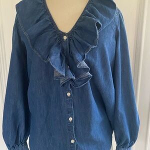 Ralph Lauren Classic Blue Denim Top ruffle collar size small